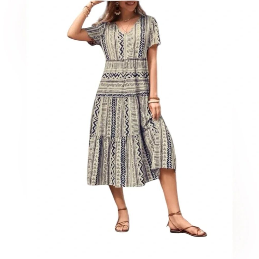 Emery Rose Abstract Geometric Maxi Lightweight Short Sleeves Dress SZ L #2517